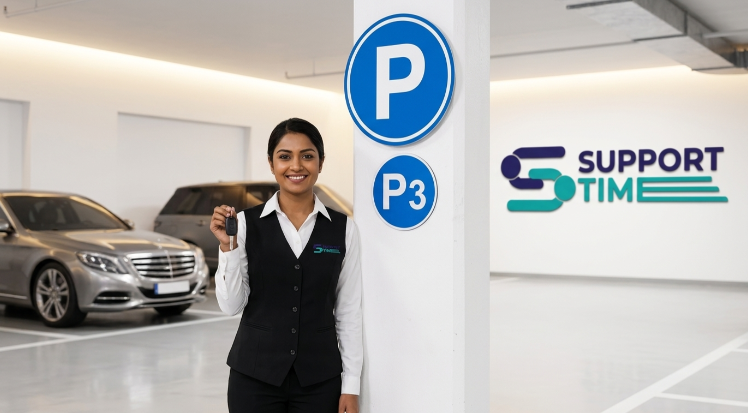 Support Time staff member handing over a car key in a branded parking area