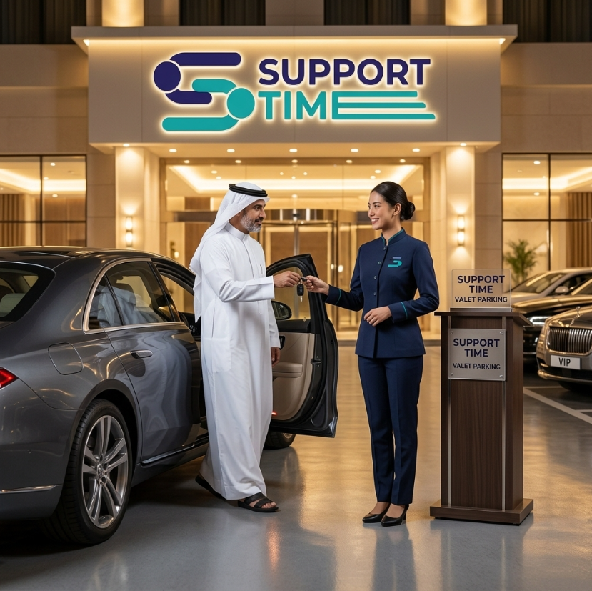 Support Time valet team welcoming guests beside premium vehicles